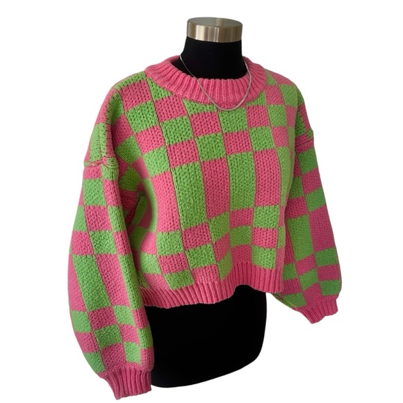 Cider Sweaters - Cider boxy semi cropped checkered sweater pink green crewneck puff sleeve S